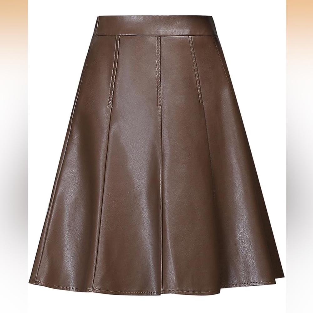 Brown Faux Leather Knee Length Skirt